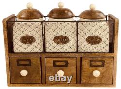 Farmhouse Ceramic Tea Coffee Sugar Jar Set with Wooden Rack and Storage Drawers