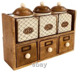 Farmhouse Ceramic Tea Coffee Sugar Jar Set with Wooden Rack and Storage Drawers