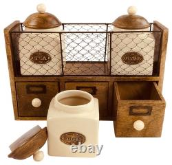 Farmhouse Ceramic Tea Coffee Sugar Jar Set with Wooden Rack and Storage Drawers