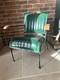 Green/blue Leather Armchair With Iron Frame And Wooden Arms Vintage Retro Style