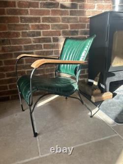 Green/Blue Leather Armchair with Iron Frame and Wooden Arms Vintage Retro Style