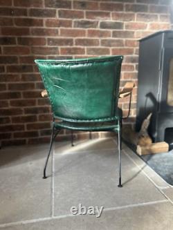 Green/Blue Leather Armchair with Iron Frame and Wooden Arms Vintage Retro Style