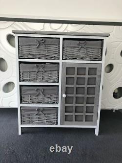 Grey Rustic Storage Unit Cupboard Chest of Drawers Wicker Baskets Vintage Rattan