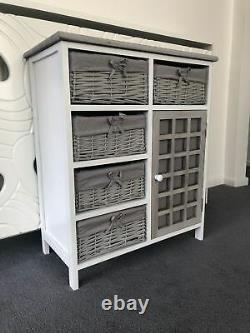 Grey Rustic Storage Unit Cupboard Chest of Drawers Wicker Baskets Vintage Rattan