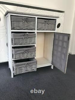 Grey Rustic Storage Unit Cupboard Chest of Drawers Wicker Baskets Vintage Rattan