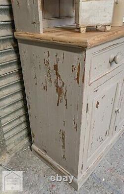 Grey Solid Pine Vintage Country Farmhouse Style Kitchen Dresser