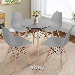 Grey Wood Legs Round Dining Table and 4 Chairs Set Metal Frame Kitchen Desk Seat