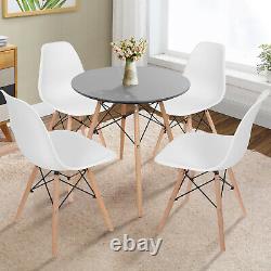 Grey Wood Legs Round Dining Table and 4 Chairs Set Metal Frame Kitchen Desk Seat