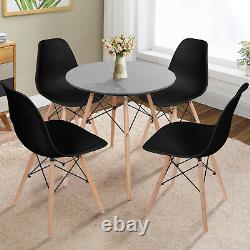 Grey Wood Legs Round Dining Table and 4 Chairs Set Metal Frame Kitchen Desk Seat