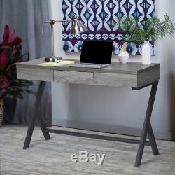 Grey Wooden Console Desk Computer Laptop Table WorkStation with Drawer Metal Legs