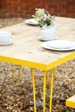 Hairpin Leg Table & Benches In Yellow, Reclaimed Wooden Top, Retro/Vintage