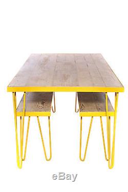 Hairpin Leg Table & Benches In Yellow, Reclaimed Wooden Top, Retro/Vintage