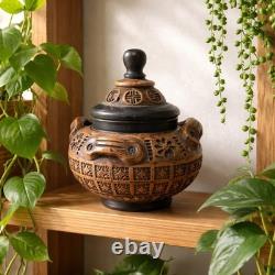 Hand made vintage, 20cm earthenware terracottastudiopottery lidded vase, Urn, Jar