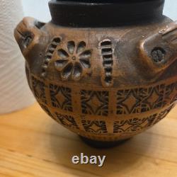 Hand made vintage, 20cm earthenware terracottastudiopottery lidded vase, Urn, Jar