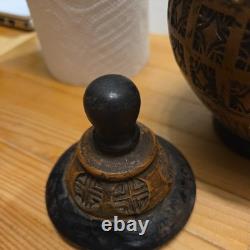 Hand made vintage, 20cm earthenware terracottastudiopottery lidded vase, Urn, Jar