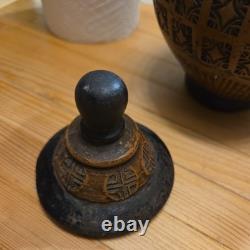 Hand made vintage, 20cm earthenware terracottastudiopottery lidded vase, Urn, Jar