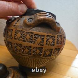 Hand made vintage, 20cm earthenware terracottastudiopottery lidded vase, Urn, Jar