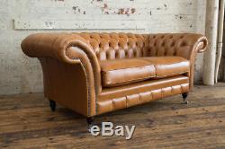 Handmade 2 Seater Vintage Antique Tan Leather Chesterfield Sofa Couch Chair