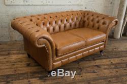Handmade 2 Seater Vintage Antique Tan Leather Chesterfield Sofa Couch Chair