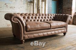 Handmade 3 Seater Light Natural Brown Leather Chesterfield Sofa Couch Chair