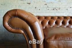 Handmade 3 Seater Vintage Antique Tan Leather Chesterfield Sofa Couch Chair