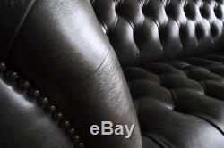 Handmade 3 Seater Vintage Charcoal Grey Leather Chesterfield Sofa Couch Chair