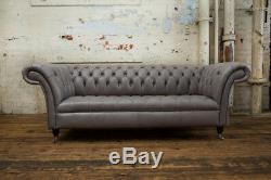 Handmade 3 Seater Vintage MID Grey Leather Chesterfield Sofa Couch Chair