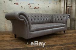 Handmade 3 Seater Vintage MID Grey Leather Chesterfield Sofa Couch Chair