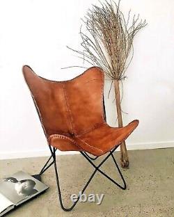 Handmade Leather Butterfly Chair Relax Arm Chair With Folable Iron Frame