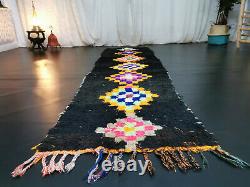 Handmade Moroccan Vintage Berber Runner Rug 2'2x8'3 Geometric Wool Black Carpet
