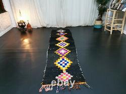 Handmade Moroccan Vintage Berber Runner Rug 2'2x8'3 Geometric Wool Black Carpet