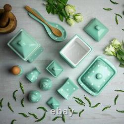 Handmade Teal Blue & White Polka Dot Ceramic Kitchen Serving, Storage Set of 10