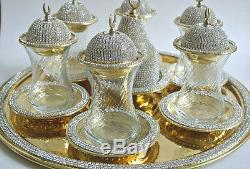Handmade Turkish Tea Water Zamzam Serving Set Made with Swarovski Coated Gold