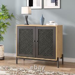Holiday Stylish Cabinet Rattan Double Doors Side Cupboard Office Storage Table