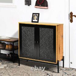Holiday Stylish Cabinet Rattan Double Doors Side Cupboard Office Storage Table