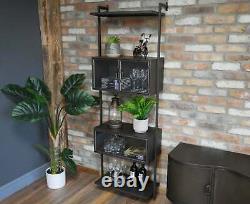 Industrial Display Cabinet Vintage Wall Shelving Unit Rustic Metal Tall Glass