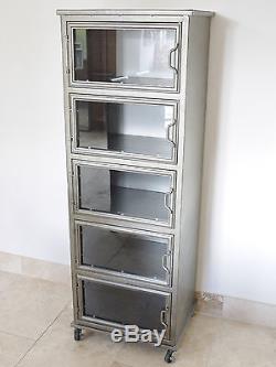 Industrial Display Cabinet With 5 Glass Doors Metal Storage Cupboard On Wheels