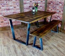 Industrial Live Edge Dining Table and Bench Set Reclaimed Vintage Kitchen Table