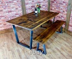 Industrial Live Edge Dining Table and Bench Set Reclaimed Vintage Kitchen Table