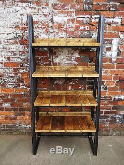 Industrial Reclaimed Trapezium Steel & Wood Bookcase Media Shelving Unit. Custom