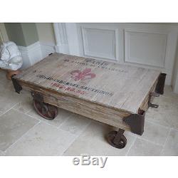 Industrial Retro Vintage Reclaimed Chunky Wood Metal Coffee Table Wheels Dx3173