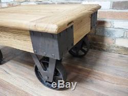 Industrial Retro Vintage Reclaimed Wood Metal Coffee Table On Wheels (dx4494)