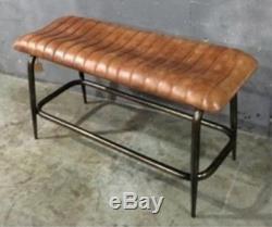 Industrial Style Genuine Leather Bench Seat Retro Vintage. Tan Brown