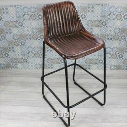 Industrial Vintage Kitchen Bar Stool, Brown Ribbed Leather Metal Restaurant Cafe