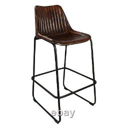 Industrial Vintage Kitchen Bar Stool, Brown Ribbed Leather Metal Restaurant Cafe