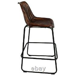 Industrial Vintage Kitchen Bar Stool, Brown Ribbed Leather Metal Restaurant Cafe