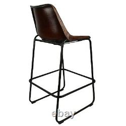 Industrial Vintage Kitchen Bar Stool, Brown Ribbed Leather Metal Restaurant Cafe