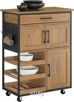 Industrial Vintage Kitchen Trolley with Wine Rack, Drawer & Lockable Wheels