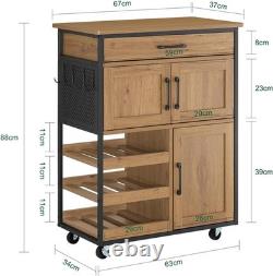Industrial Vintage Kitchen Trolley with Wine Rack, Drawer & Lockable Wheels