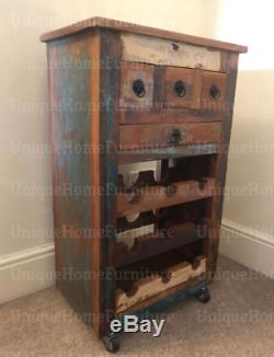 Industrial Wine Cabinet Rustic Solid Wood Rack Metal Drinks Trolley Vintage Cart